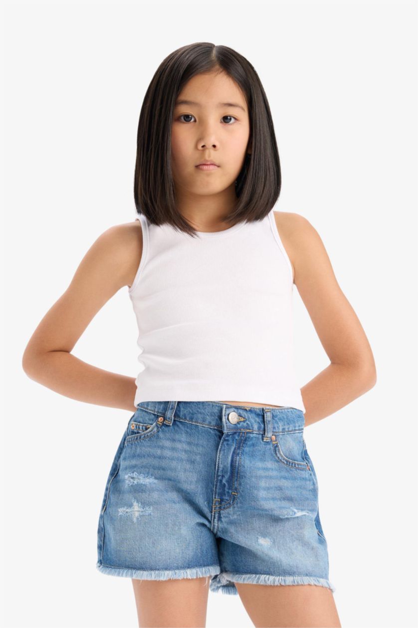 Girls & Teens Blue Girl Ripped Detailed Cotton Denim Shorts