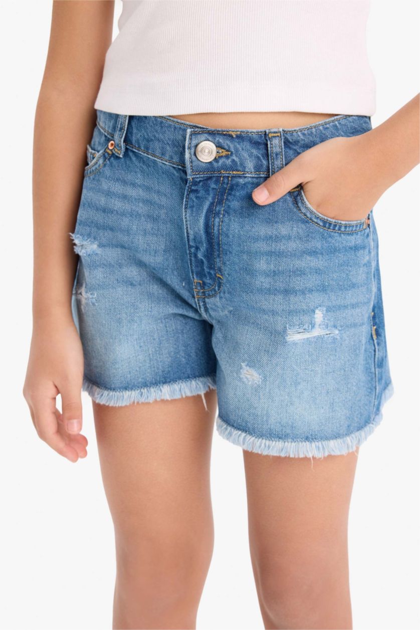Girls & Teens Blue Girl Ripped Detailed Cotton Denim Shorts