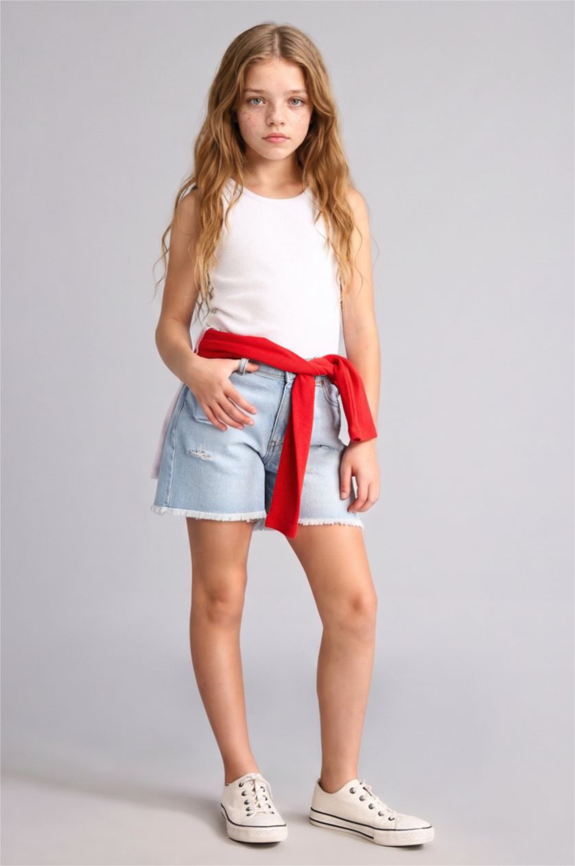 Қыздар Және Жасөспірімдер Ашық Көк Қыз балаларға арналған жыртық бөлшекті мақта шорты