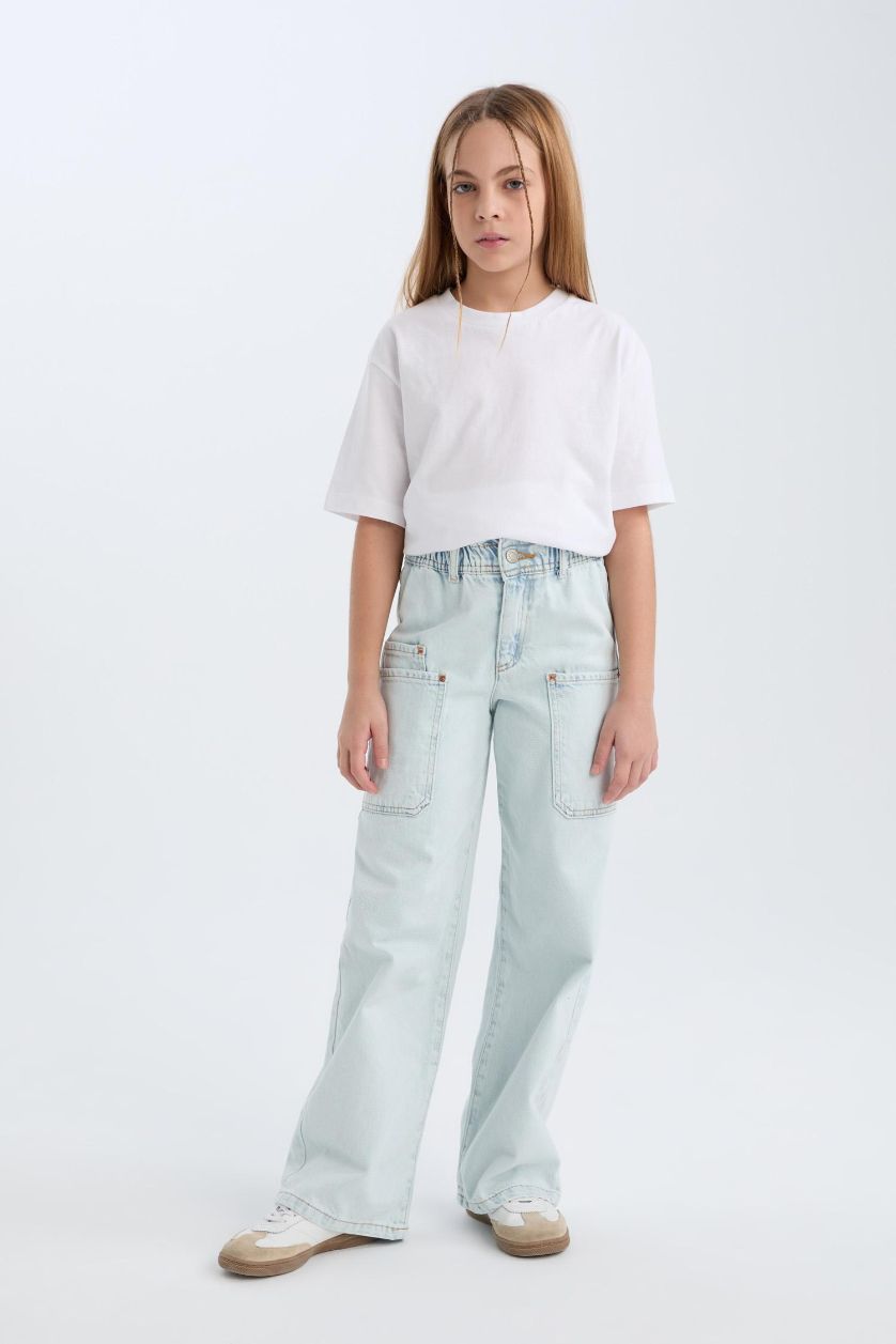 Kız Çocuk - Genç Kız Buz Mavi Paperbag Kargo Geniş Paça Pamuklu Pantolon Kız Çocuk