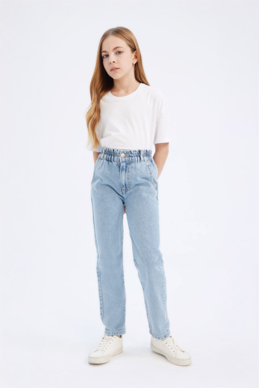 Kız Çocuk - Genç Kız Açık Mavi %100 Pamuk Paperbag Jogger Paça Pamuklu Jean Pantolon Kız Çocuk