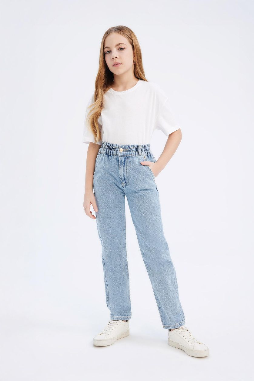 Kız Çocuk - Genç Kız Açık Mavi Paperbag Jogger Paça Pamuklu Jean Pantolon Kız Çocuk