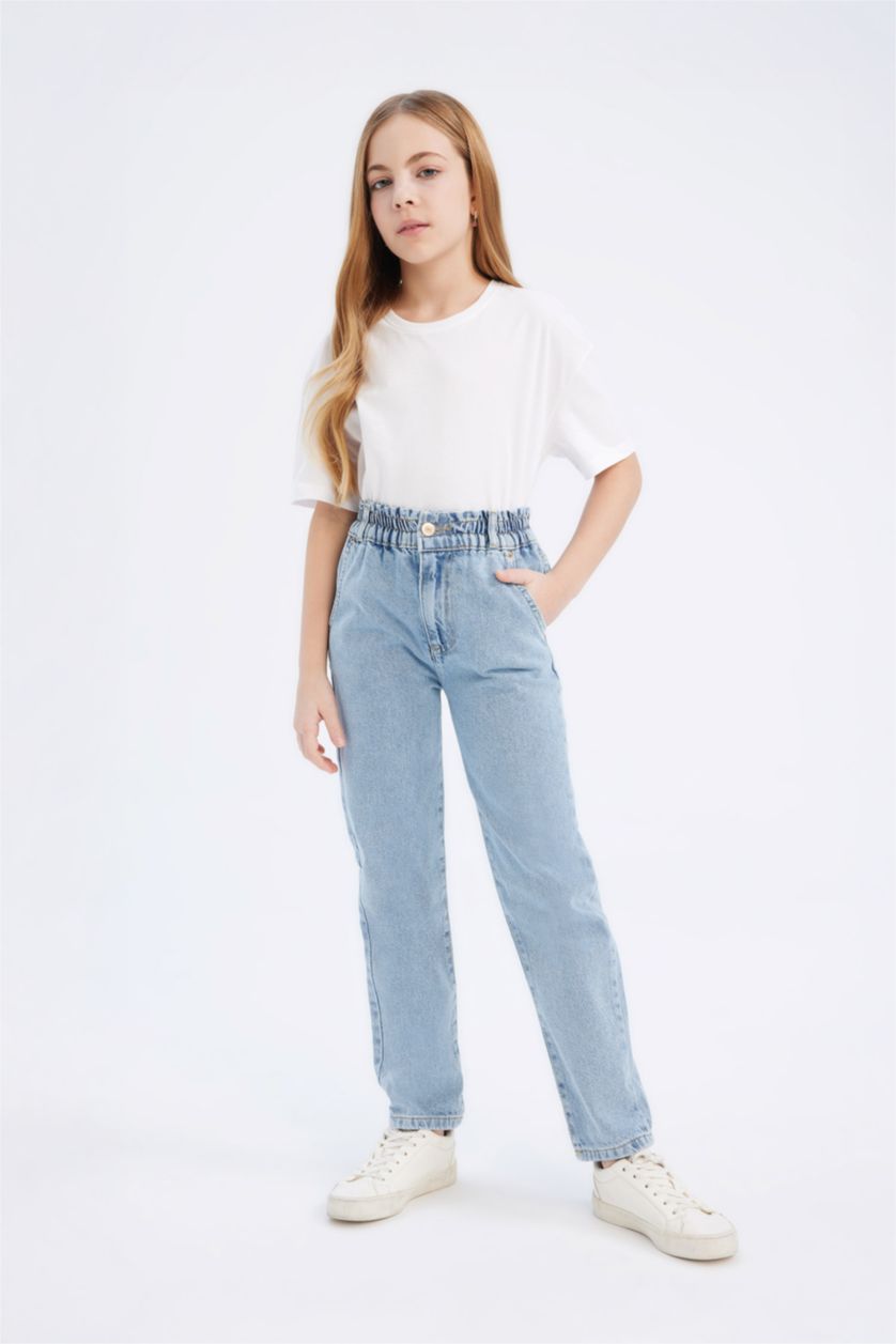 Kız Çocuk - Genç Kız Açık Mavi %100 Pamuk Paperbag Jogger Paça Pamuklu Jean Pantolon Kız Çocuk