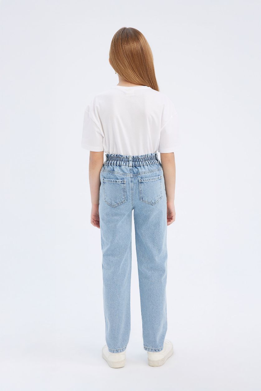 Kız Çocuk - Genç Kız Açık Mavi Paperbag Jogger Paça Pamuklu Jean Pantolon Kız Çocuk