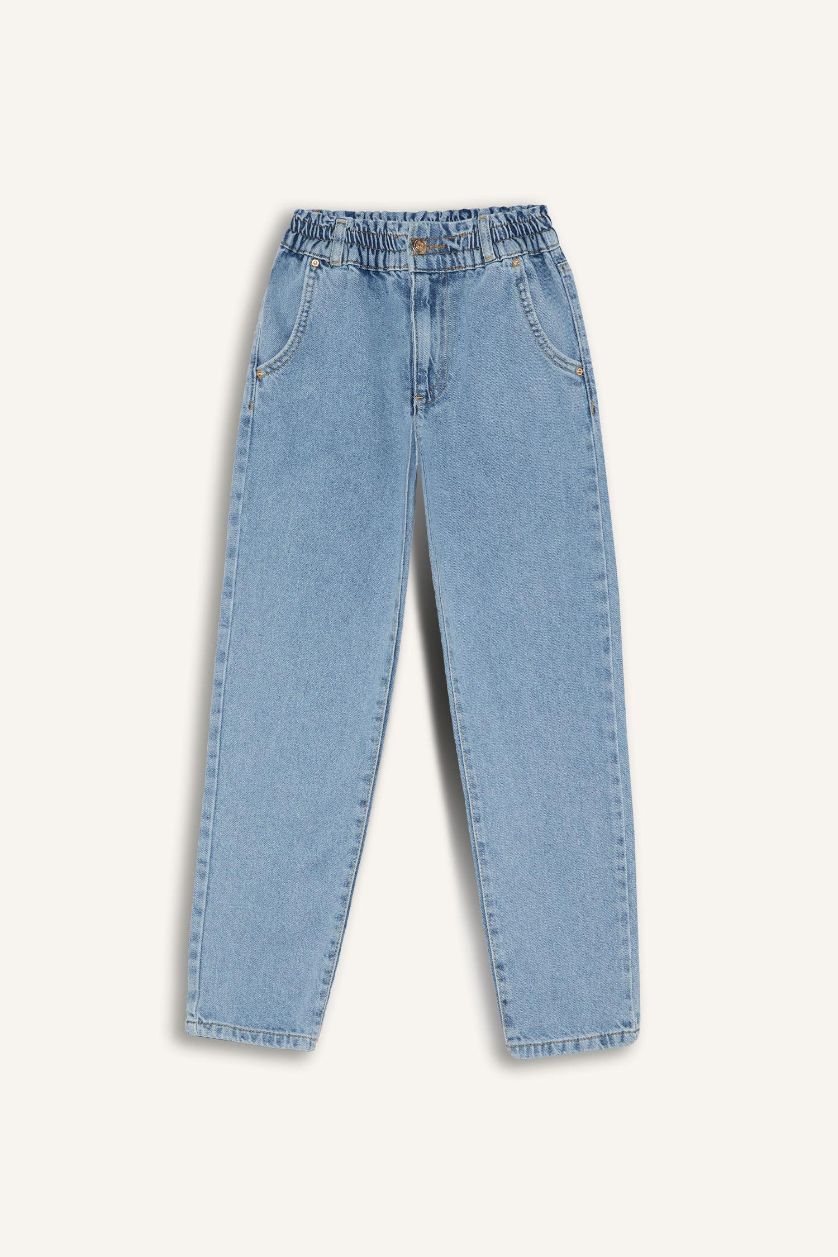 Kız Çocuk - Genç Kız Açık Mavi Paperbag Jogger Paça Pamuklu Jean Pantolon Kız Çocuk