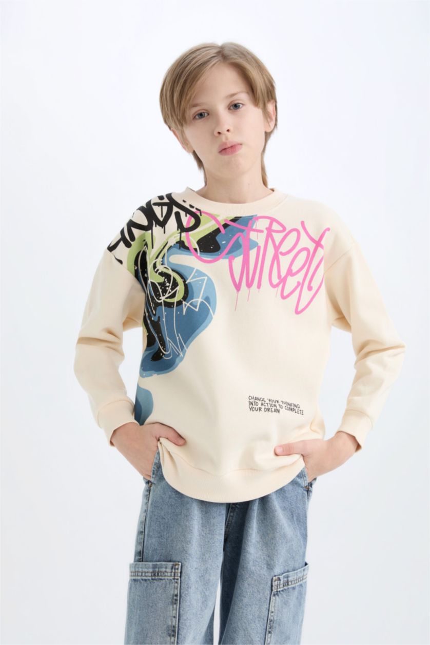 GARÇONS Beige Sweat-shirt Oversize en tissu Sweat épais imprimé à Col rond