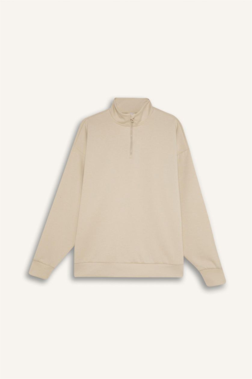 Kadın Kum Standart Fıt Yarım Fermuarlı Skuba Dalgıç Kumaş Sporcu Sweatshirt