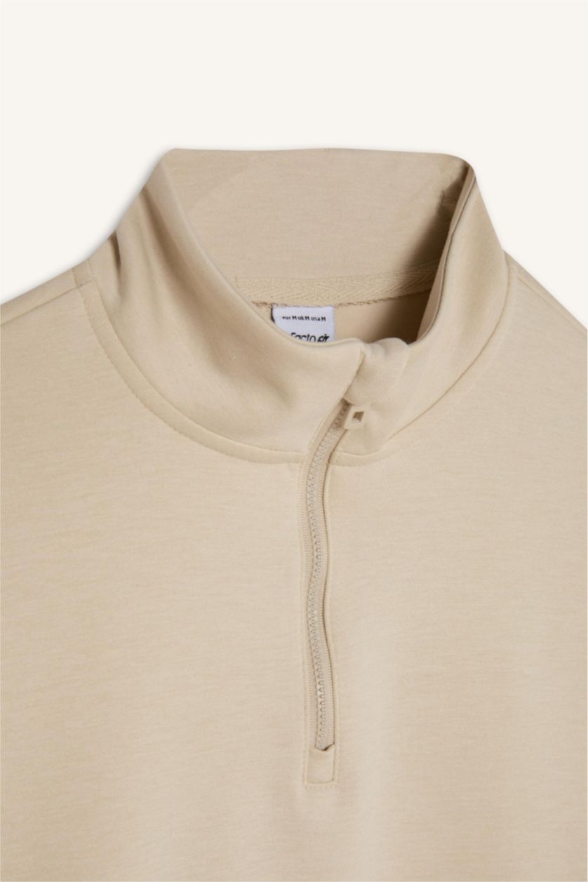 Kadın Kum Standart Fıt Yarım Fermuarlı Skuba Dalgıç Kumaş Sporcu Sweatshirt