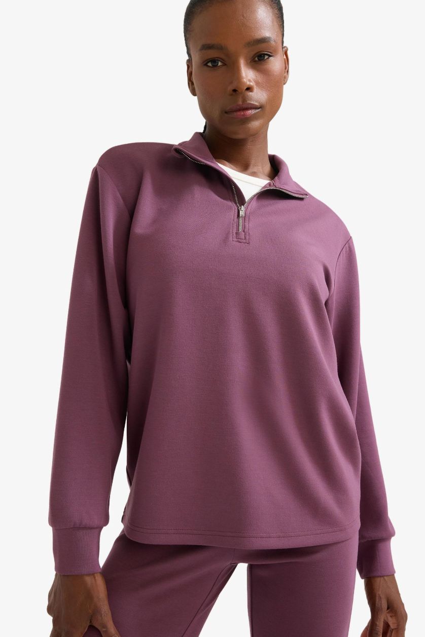 Kadın Bordo Oversize Geniş Kalıp Yarım Fermuarlı Dik Yaka Modal Sweatshirt