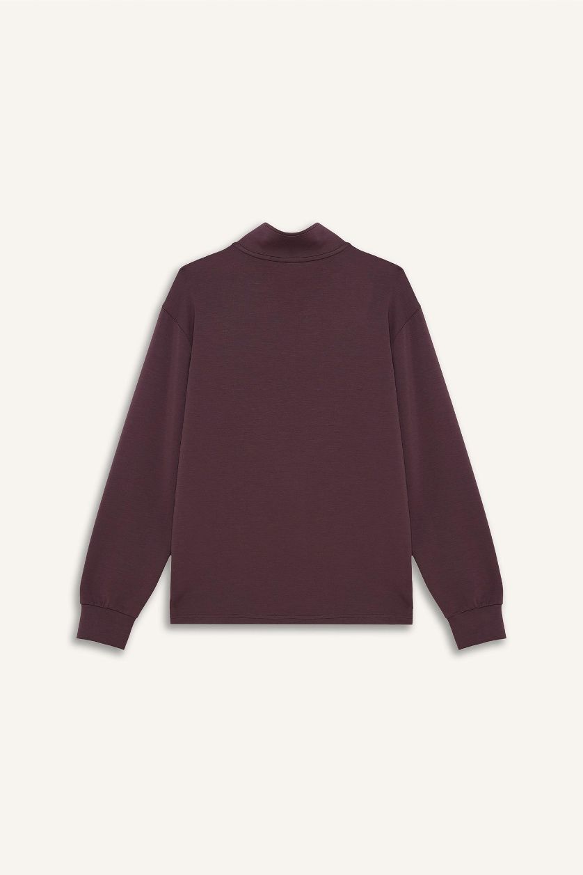 Kadın Bordo Oversize Geniş Kalıp Yarım Fermuarlı Dik Yaka Modal Sweatshirt