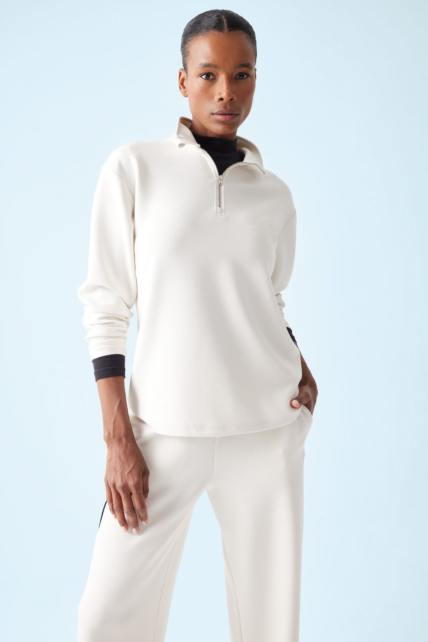 Kadın Ekru Oversize Geniş Kalıp Yarım Fermuarlı Dik Yaka Modal Sweatshirt