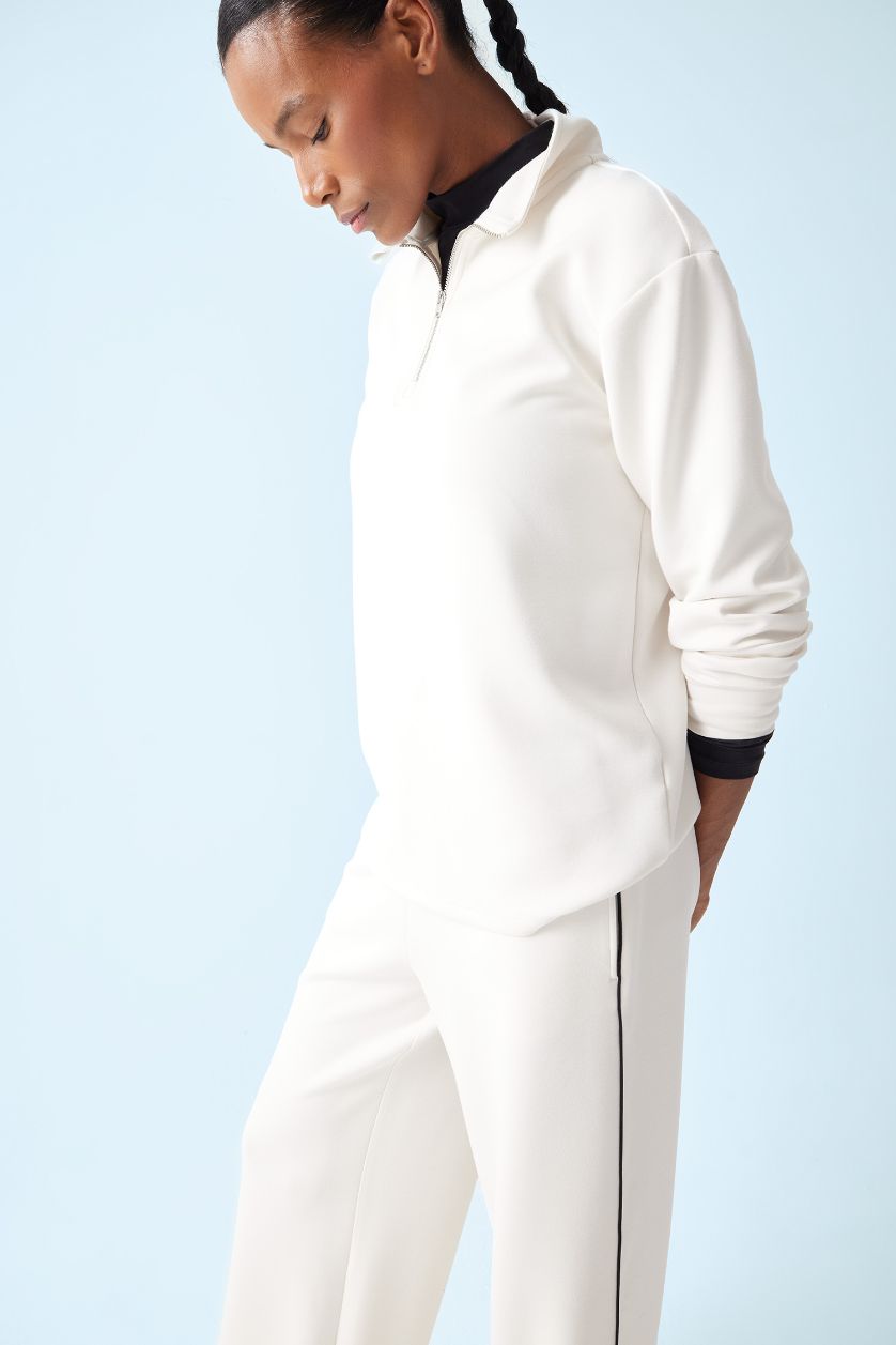 Kadın Ekru Oversize Geniş Kalıp Yarım Fermuarlı Dik Yaka Modal Sweatshirt