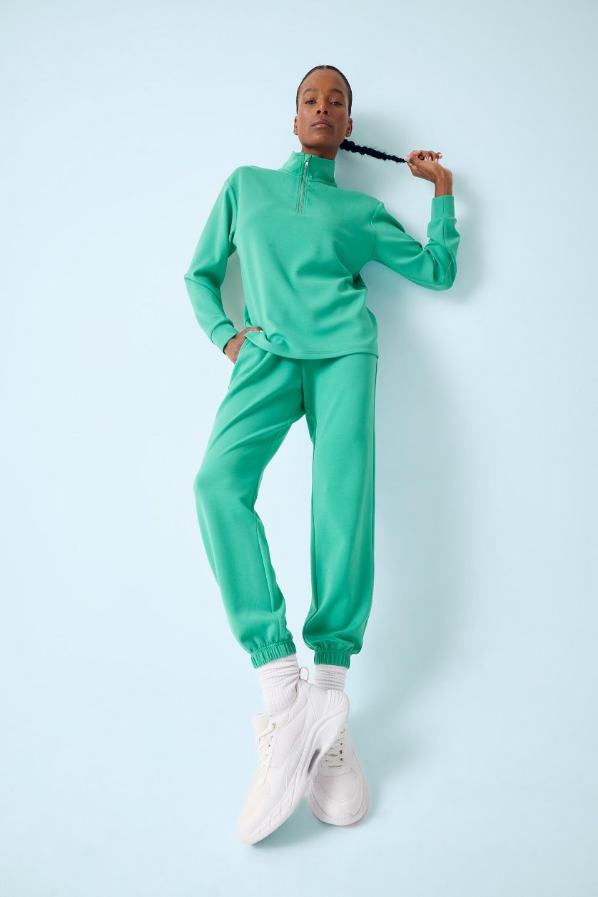 Kadın Yeşil Oversize Geniş Kalıp Yarım Fermuarlı Dik Yaka Modal Sweatshirt