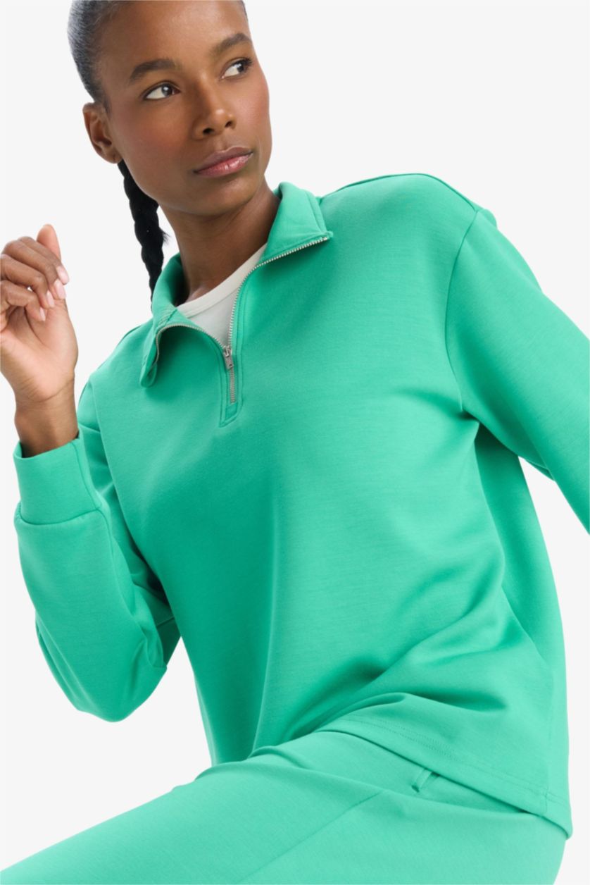 Kadın Yeşil Oversize Geniş Kalıp Yarım Fermuarlı Dik Yaka Modal Sweatshirt