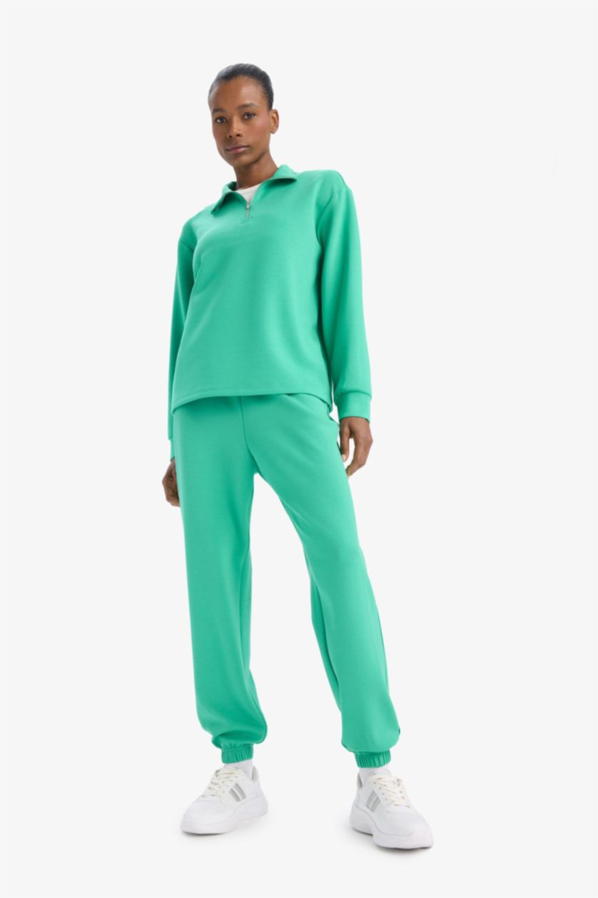 Kadın Yeşil Oversize Geniş Kalıp Yarım Fermuarlı Dik Yaka Modal Sweatshirt