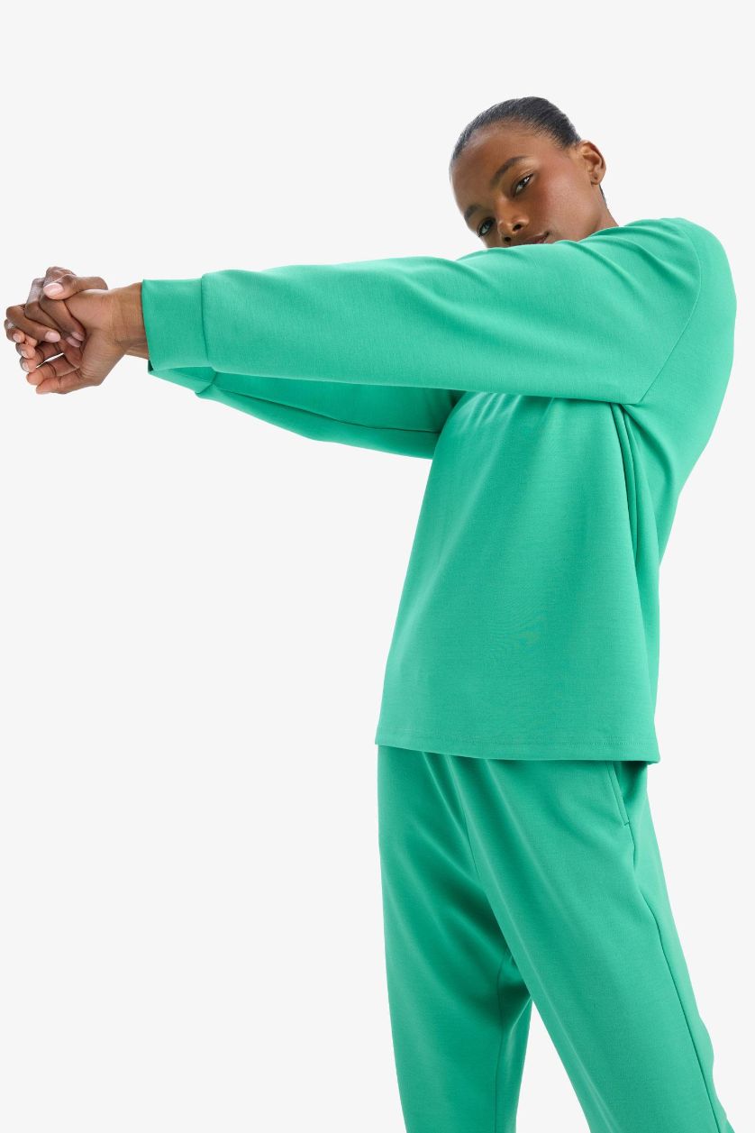 Kadın Yeşil Oversize Geniş Kalıp Yarım Fermuarlı Dik Yaka Modal Sweatshirt