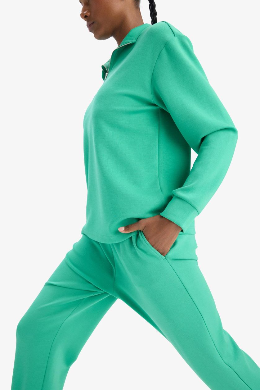 Kadın Yeşil Oversize Geniş Kalıp Yarım Fermuarlı Dik Yaka Modal Sweatshirt