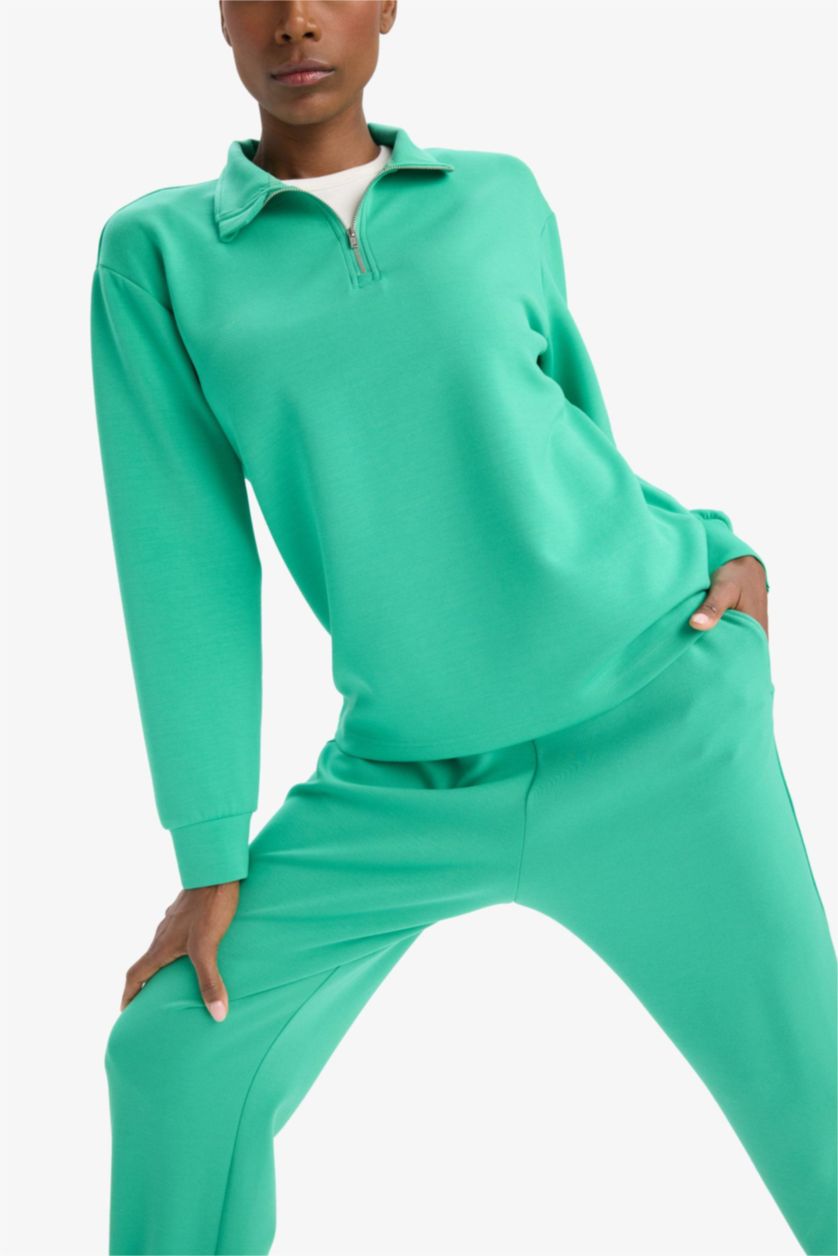 Kadın Yeşil Oversize Geniş Kalıp Yarım Fermuarlı Dik Yaka Modal Sweatshirt