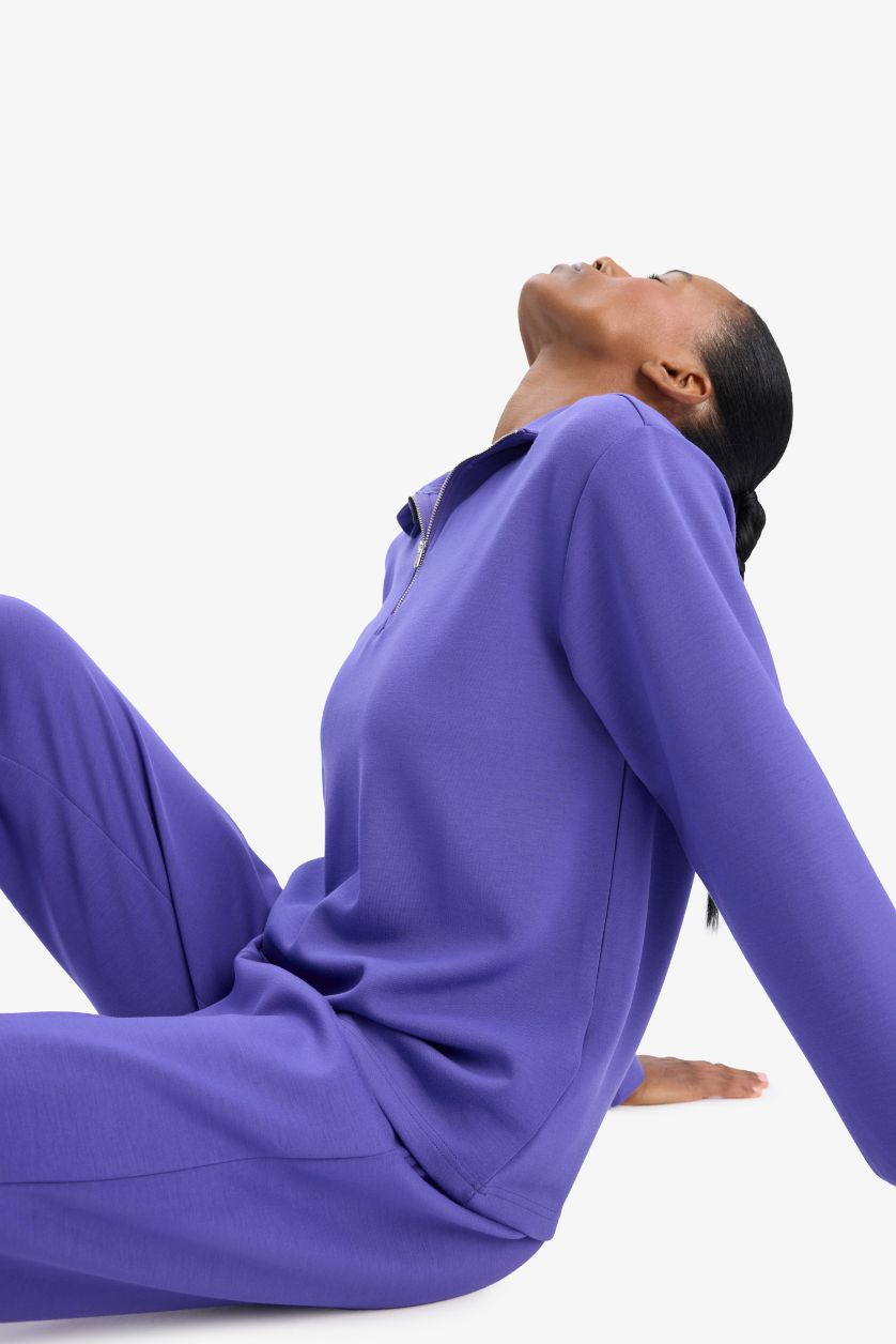 Kadın Mor Oversize Geniş Kalıp Yarım Fermuarlı Dik Yaka Modal Sweatshirt