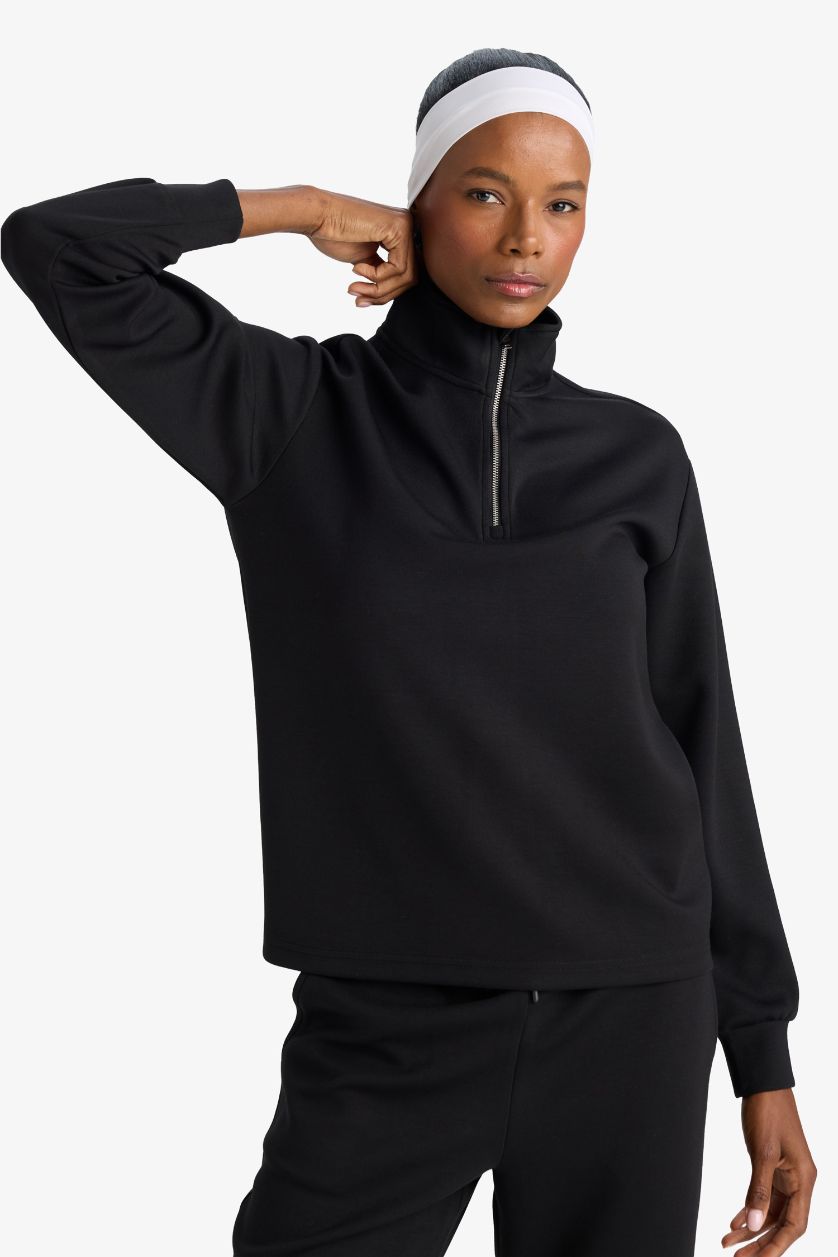 Kadın Siyah Oversize Geniş Kalıp Yarım Fermuarlı Modal Sporcu Sweatshirt