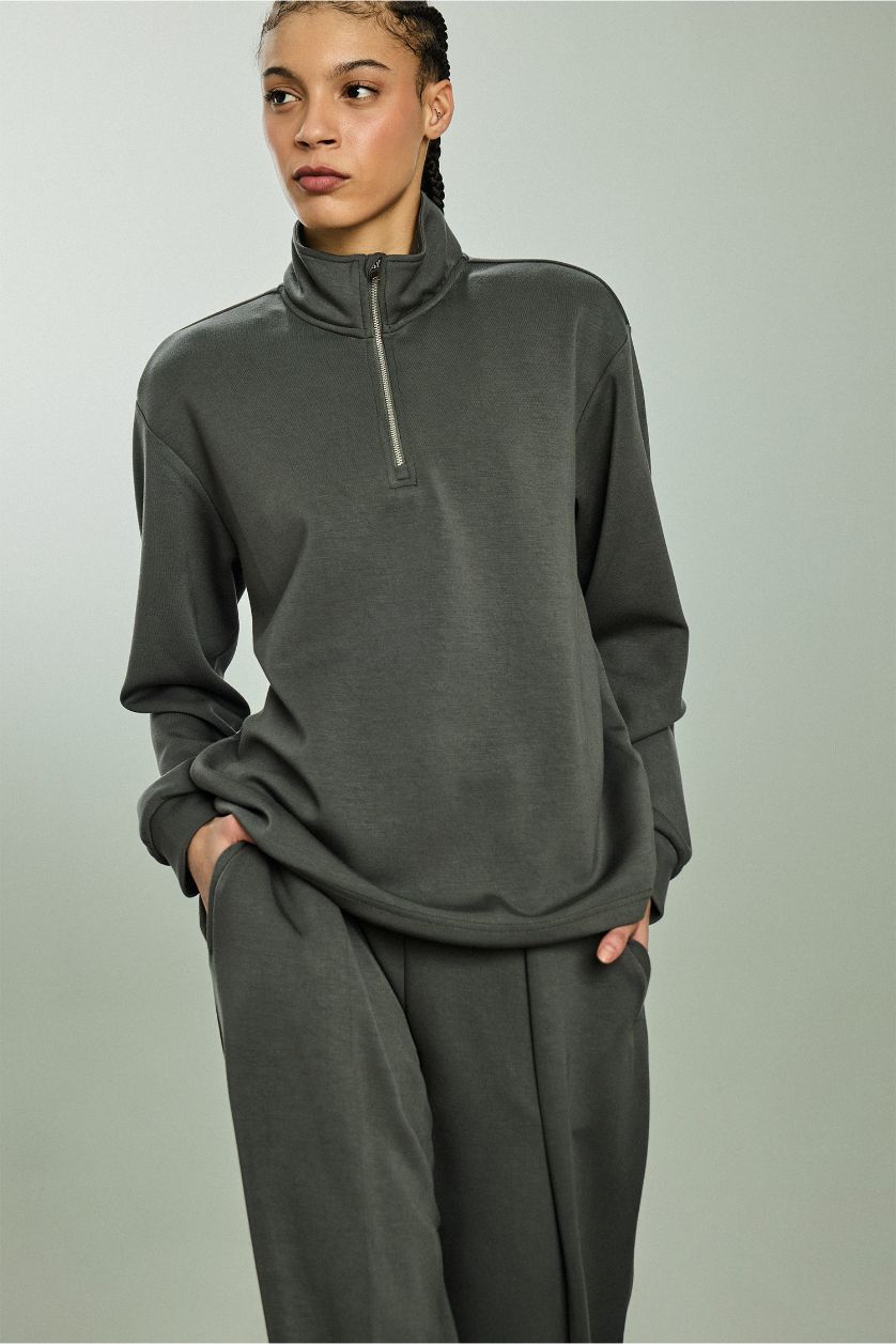 Kadın Koyu Haki Oversize Fermuarlı Modal Sweatshirt