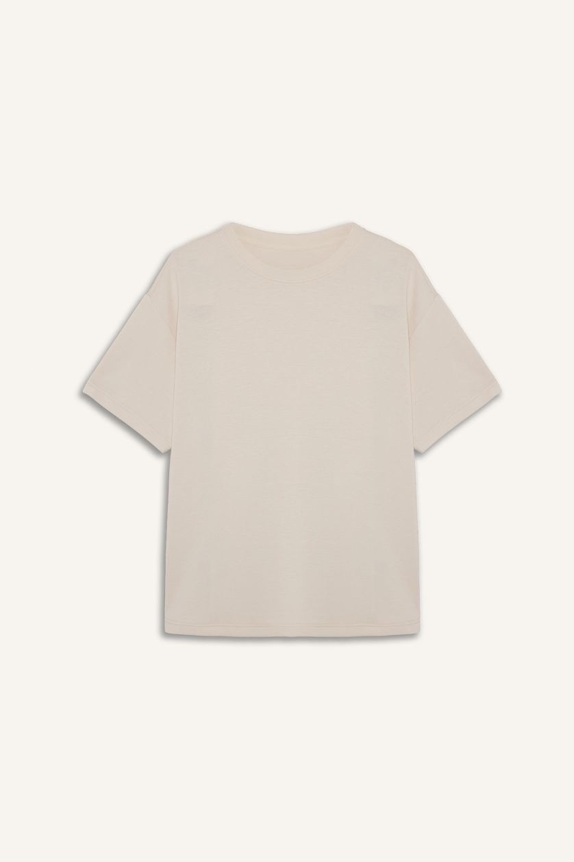 Woman Ecru Oversize Fit Crew Neck Sports Modal T-Shirt
