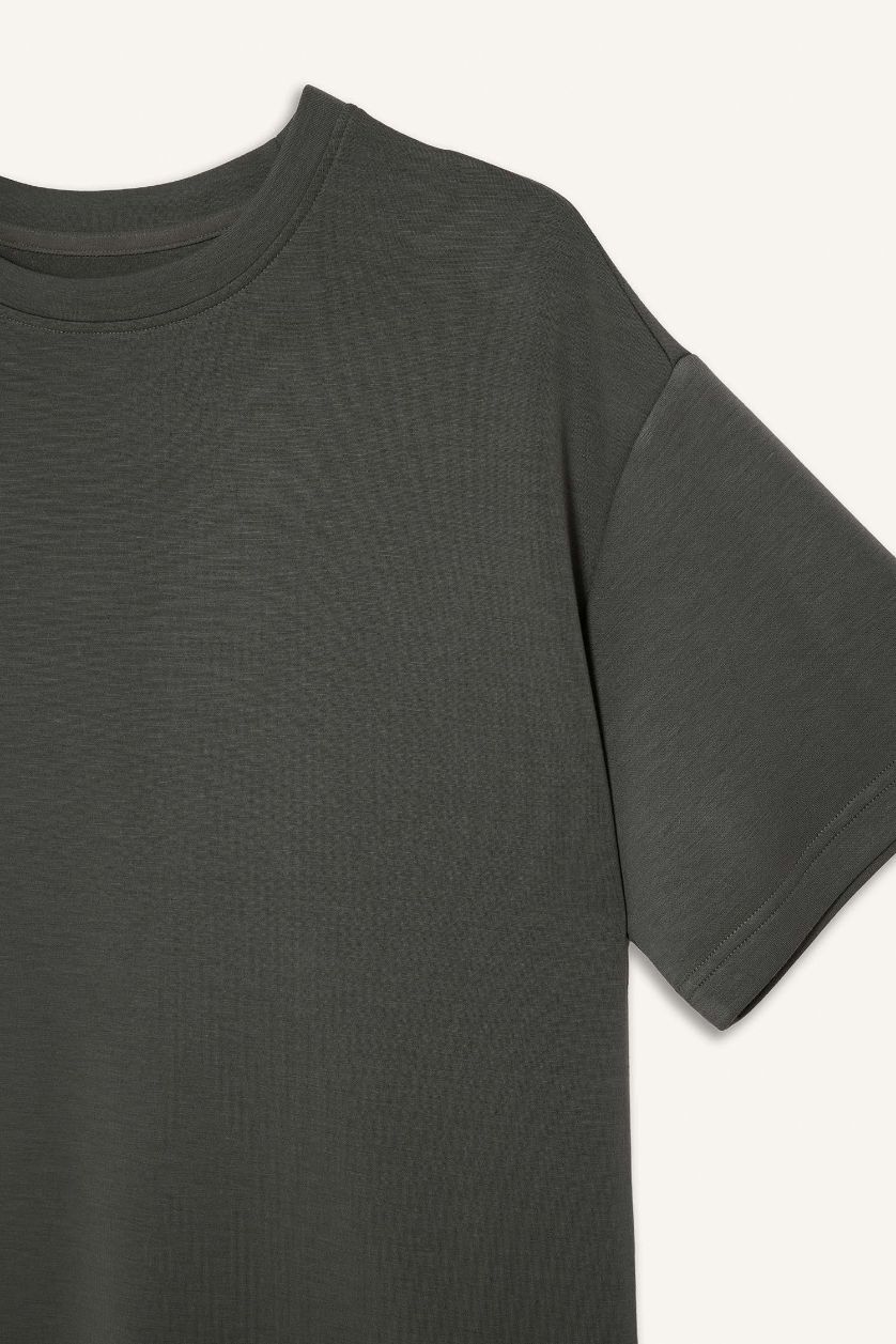 Woman Dark Khaki Oversize Fit Modal Crew Neck Short Sleeves Sports T-shirt