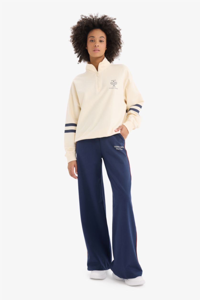 Kadın Ekru Oversize Geniş Kalıp Yarım Fermuarlı Baskılı Sporcu Sweatshirt