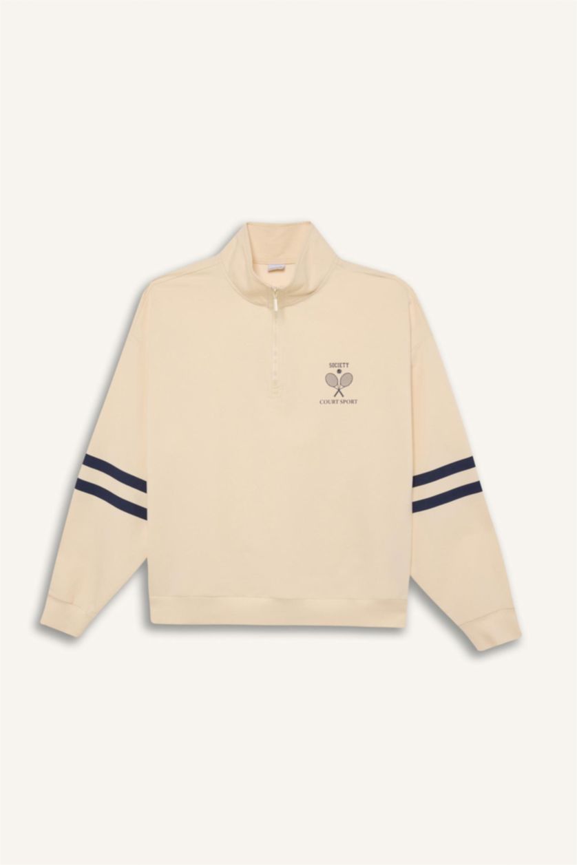 Kadın Ekru Oversize Geniş Kalıp Yarım Fermuarlı Baskılı Sporcu Sweatshirt