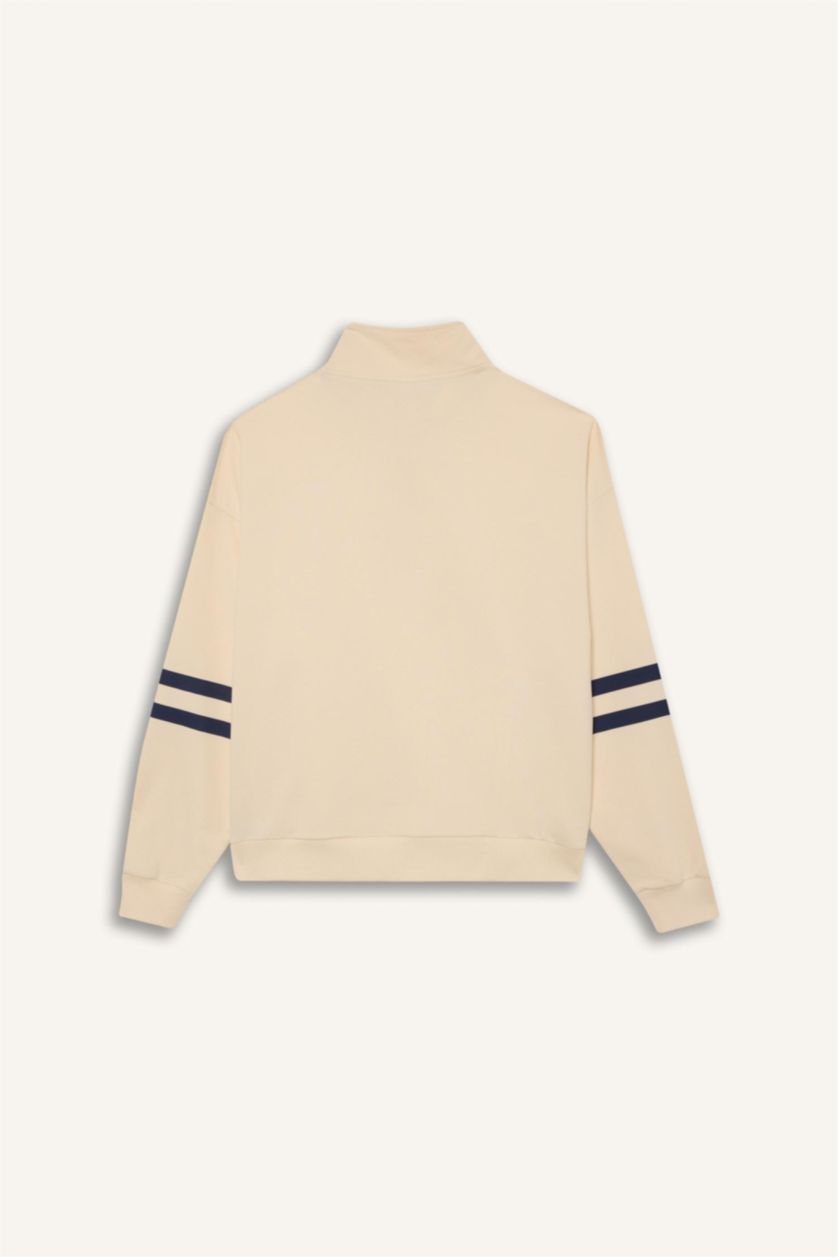 Kadın Ekru Oversize Geniş Kalıp Yarım Fermuarlı Baskılı Sporcu Sweatshirt