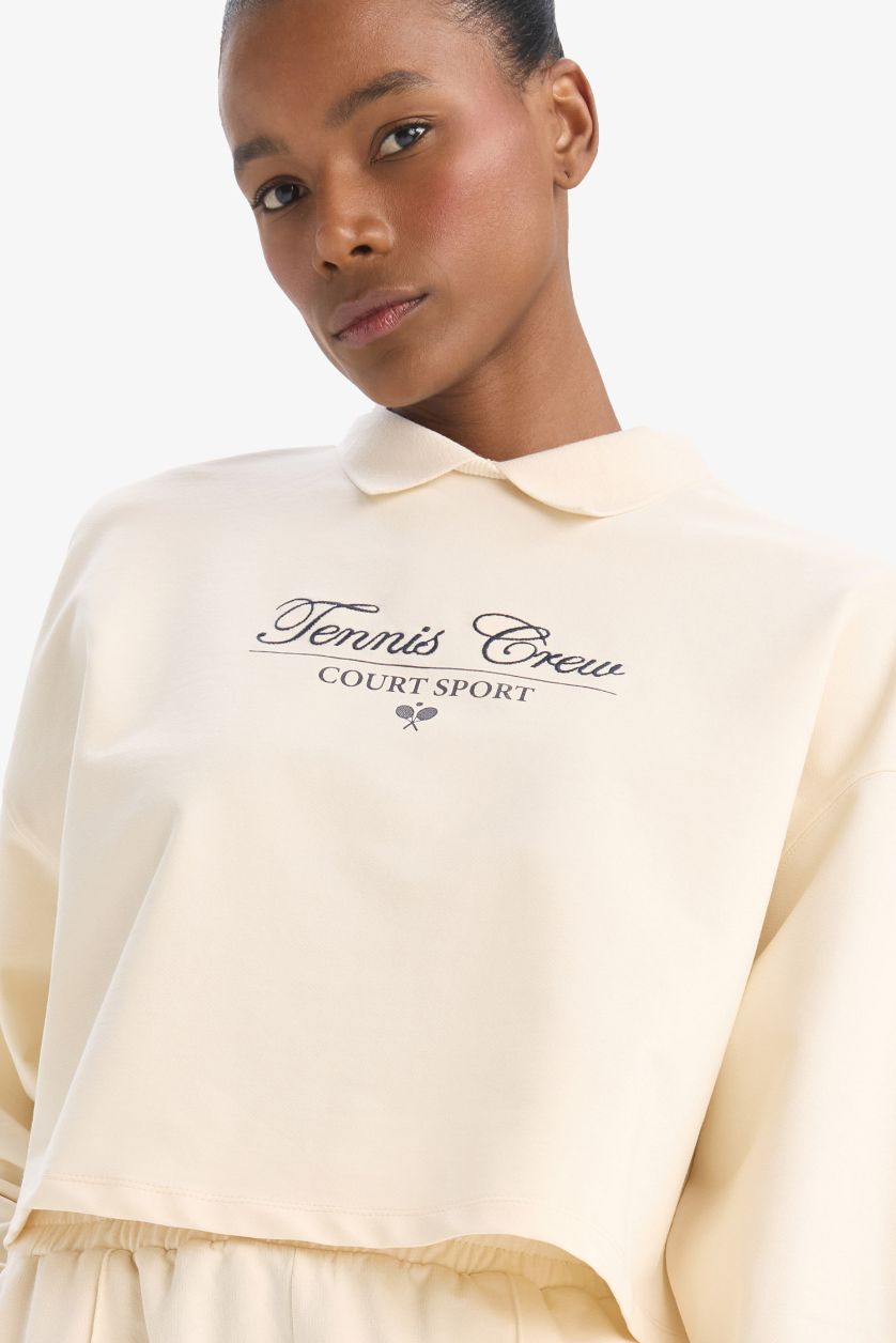 Kadın Ekru Oversize Geniş Kalıp Polo Yaka Baskılı Sporcu Sweatshirt