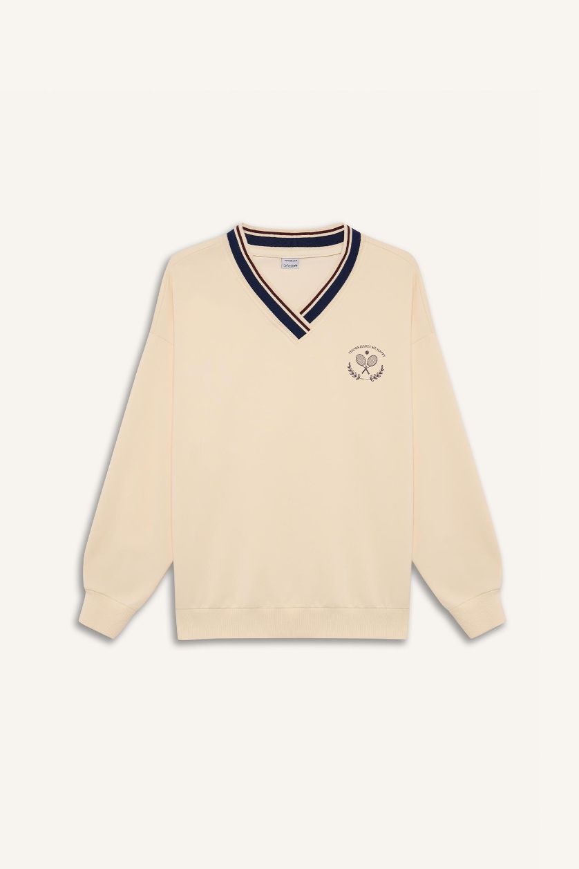 Kadın Ekru Oversize Geniş Kalıp V Yaka  Baskılı Sporcu Sweatshirt