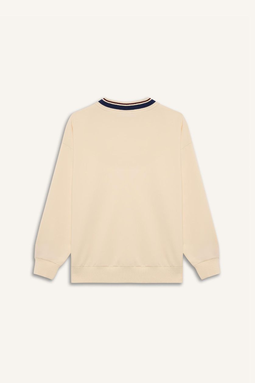 Kadın Ekru Oversize Geniş Kalıp V Yaka  Baskılı Sporcu Sweatshirt