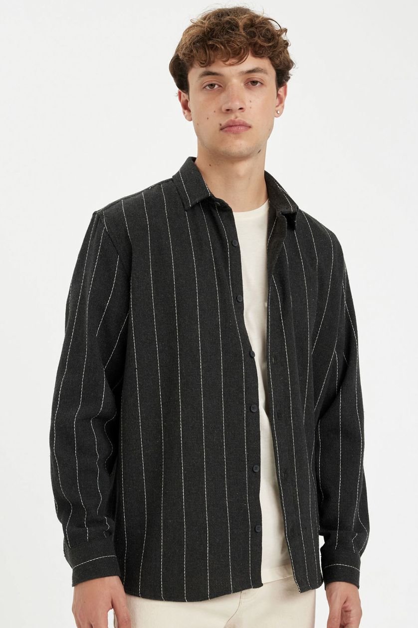 Ерлер Антрацит релакс пішімі жолақ Ұзын жеңді көйлек