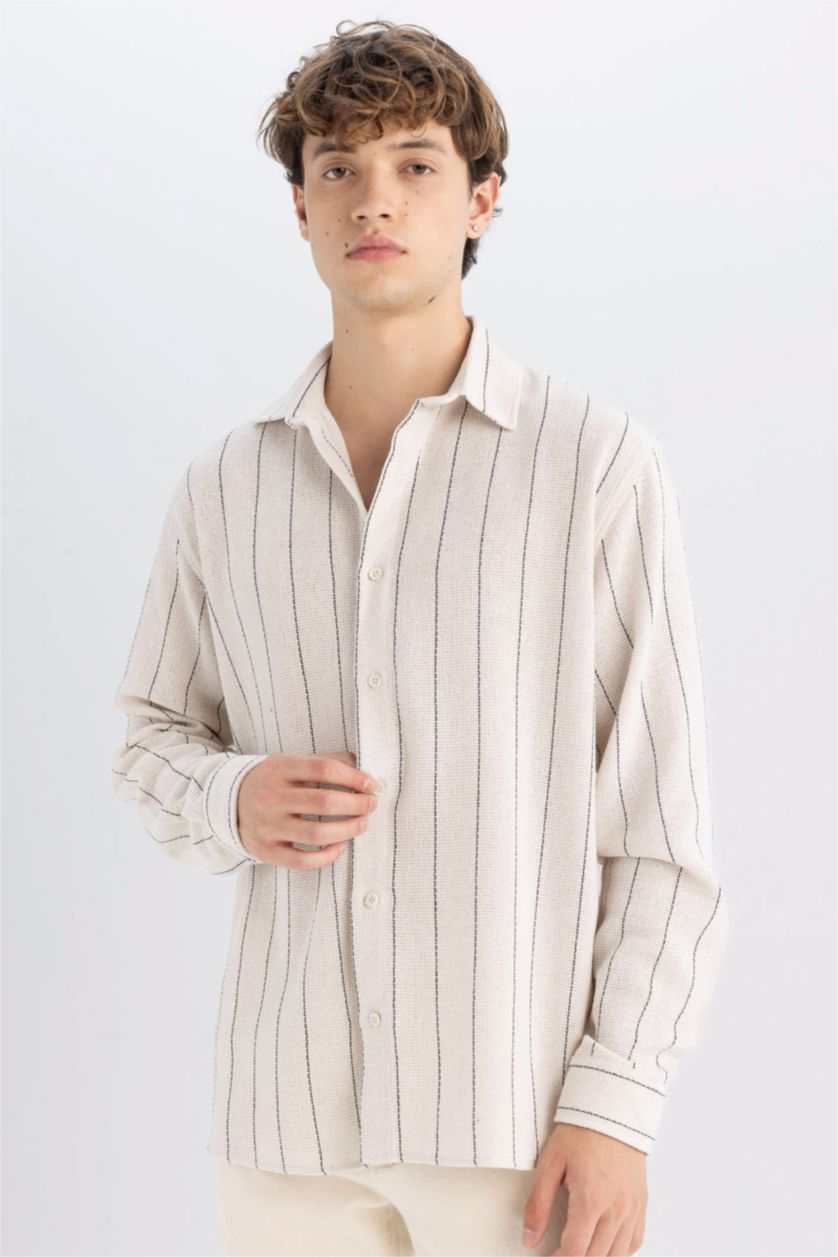 Erkek Kum Relax Fit Çizgili Pamuk Karışımlı Uzun Kollu Gömlek