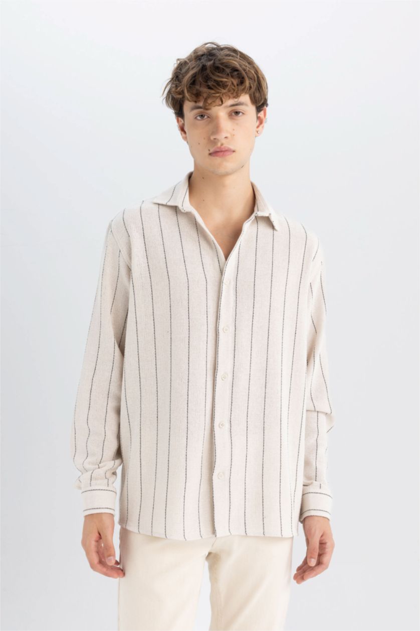 Erkek Kum Relax Fit Çizgili Pamuk Karışımlı Uzun Kollu Gömlek
