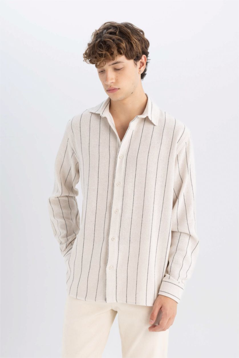 Erkek Kum Relax Fit Çizgili Pamuk Karışımlı Uzun Kollu Gömlek