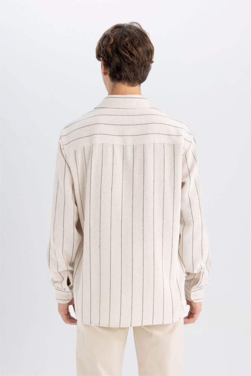 Erkek Kum Relax Fit Çizgili Pamuk Karışımlı Uzun Kollu Gömlek