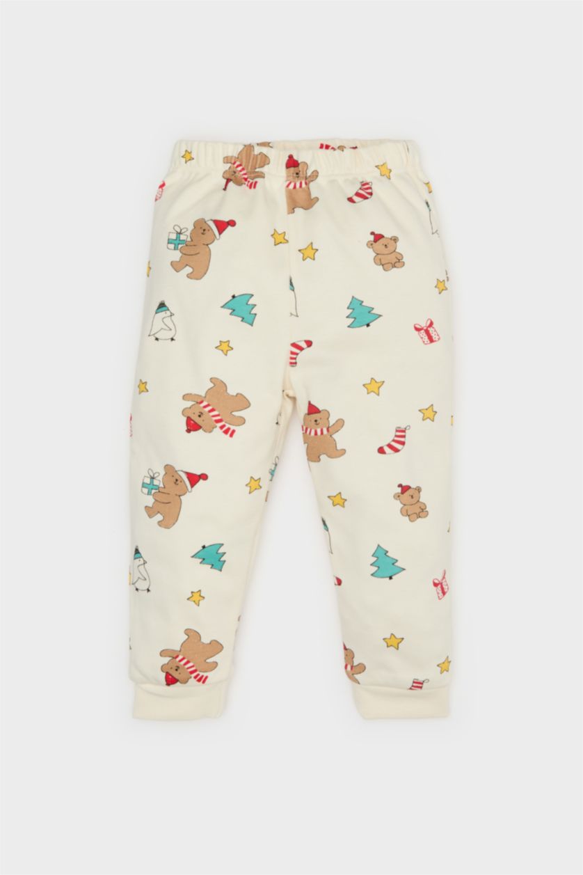 Erkek Bebek Ekru Erkek Bebek Yılbaşı Temalı Pijama Takımı Uzun Kollu Üst Beli Lastikli Uzun Alt