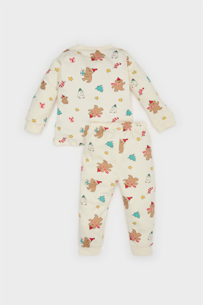 Erkek Bebek Ekru Erkek Bebek Yılbaşı Temalı Pijama Takımı Uzun Kollu Üst Beli Lastikli Uzun Alt
