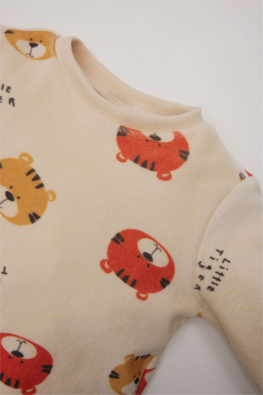 BABY BOY Sand Baby Boy Patterned Velvet Top Bottom 2 Piece Pajama Set