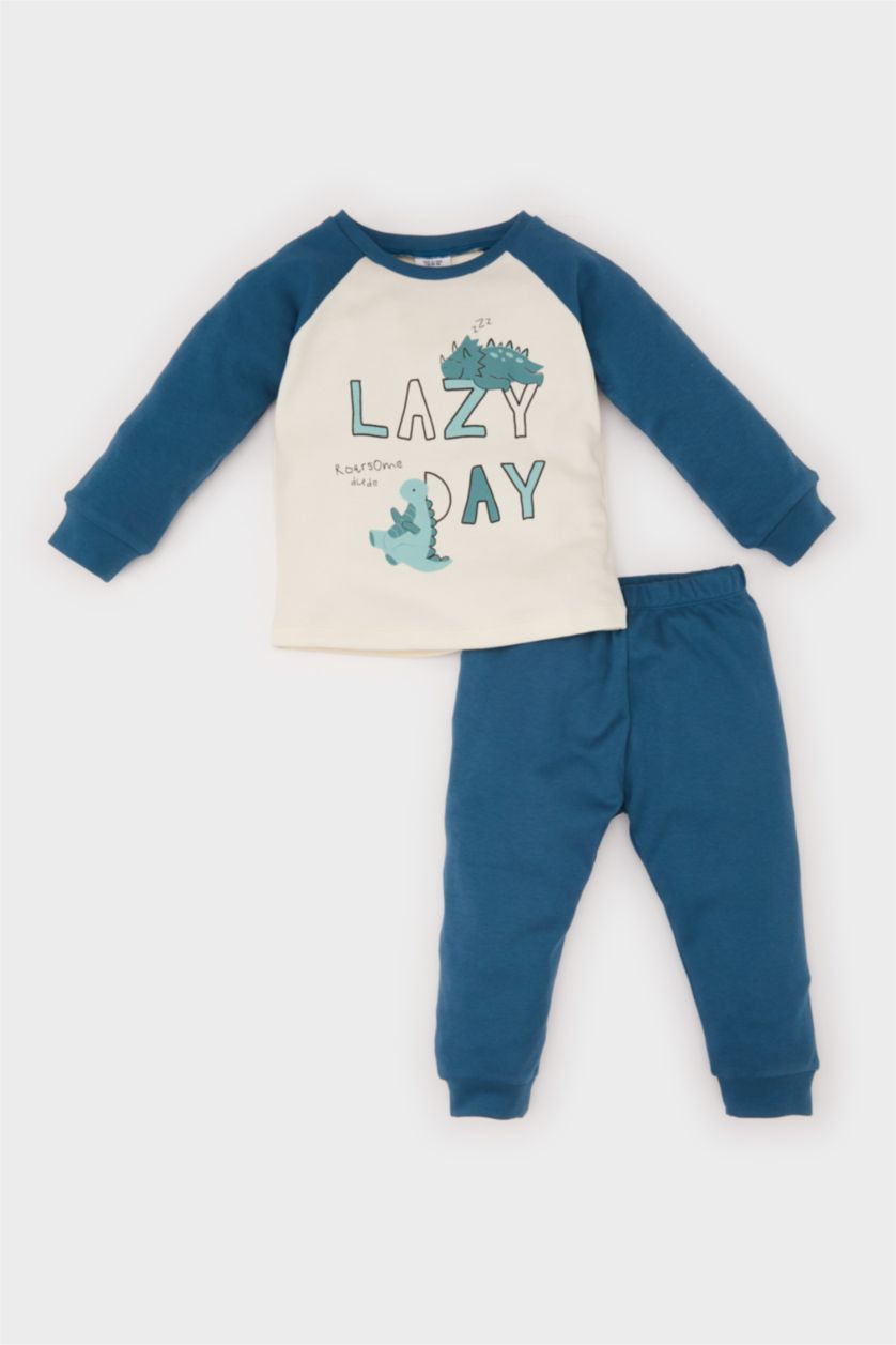 Erkek Bebek Petrol Pijama Takımı Dinozor Baskılı Uzun Kollu Üst Beli Lastikli Uzun Alt Erkek Bebek