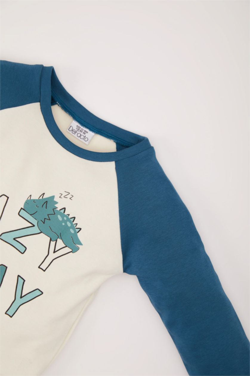 Erkek Bebek Petrol Pijama Takımı Dinozor Baskılı Uzun Kollu Üst Beli Lastikli Uzun Alt Erkek Bebek