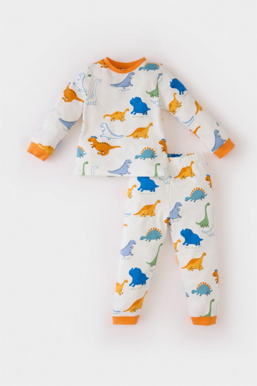 Erkek Bebek Ekru Erkek Bebek Pijama Takımı Dinozor Baskılı Uzun Kollu Üst Beli Lastikli Uzun Alt