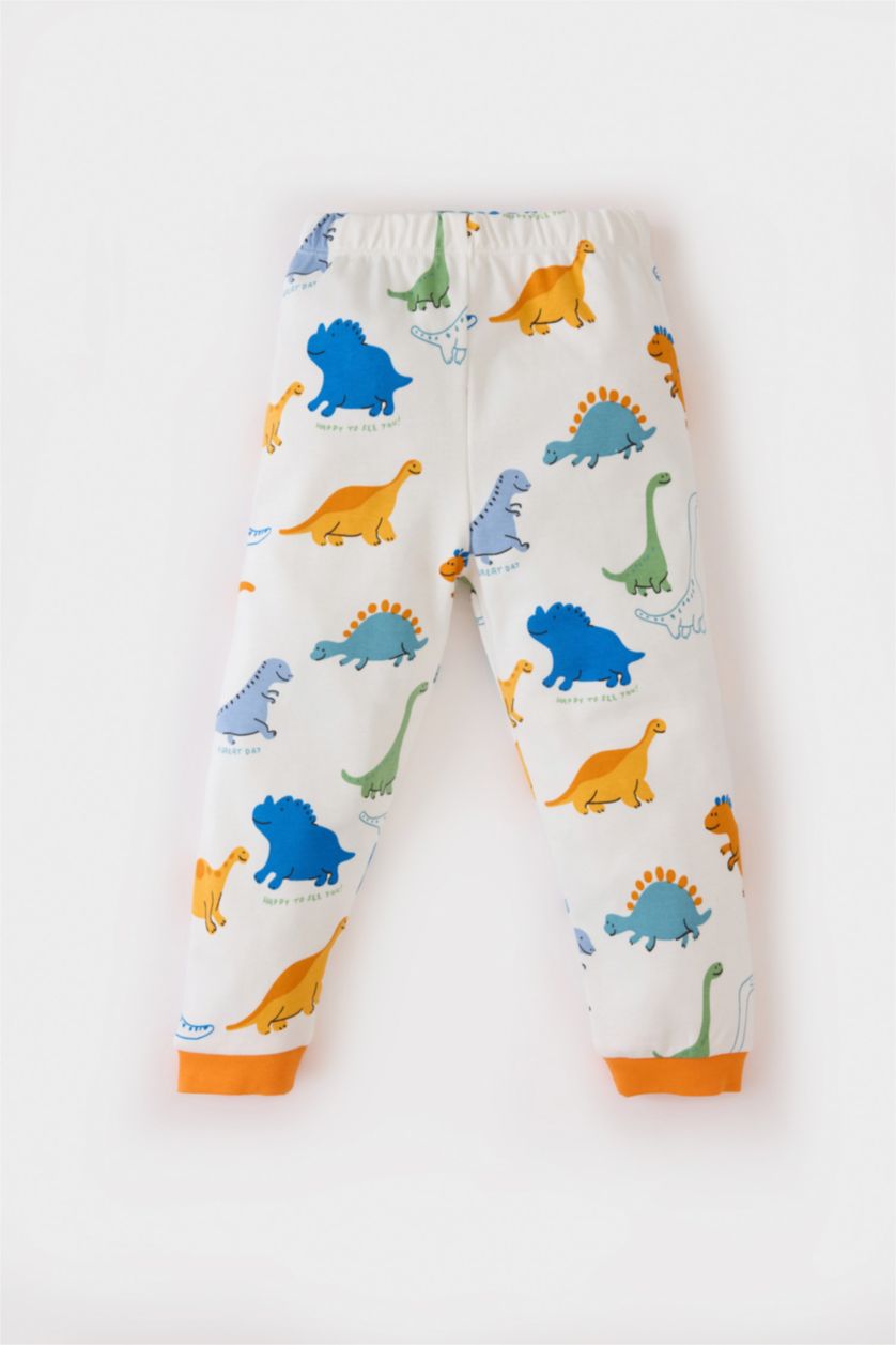 Erkek Bebek Ekru Erkek Bebek Pijama Takımı Dinozor Baskılı Uzun Kollu Üst Beli Lastikli Uzun Alt