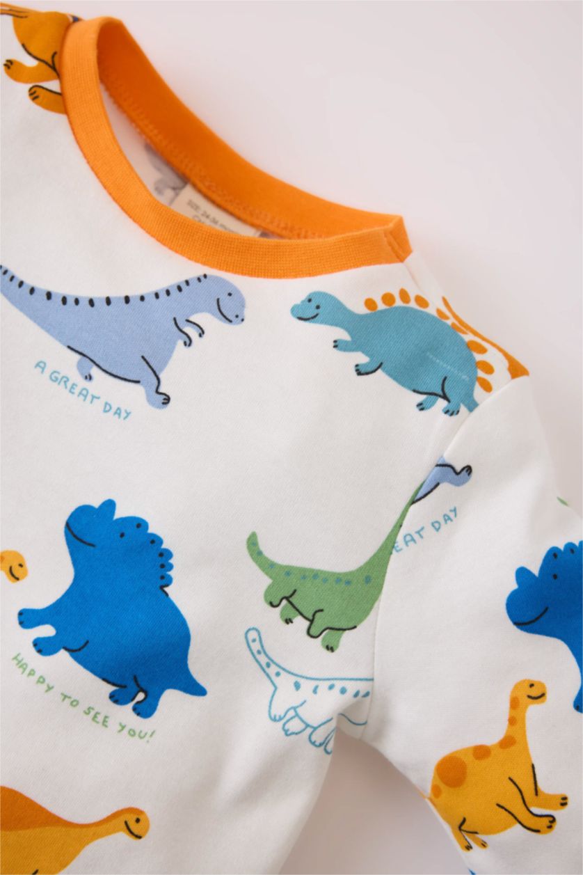 Erkek Bebek Ekru Erkek Bebek Pijama Takımı Dinozor Baskılı Uzun Kollu Üst Beli Lastikli Uzun Alt