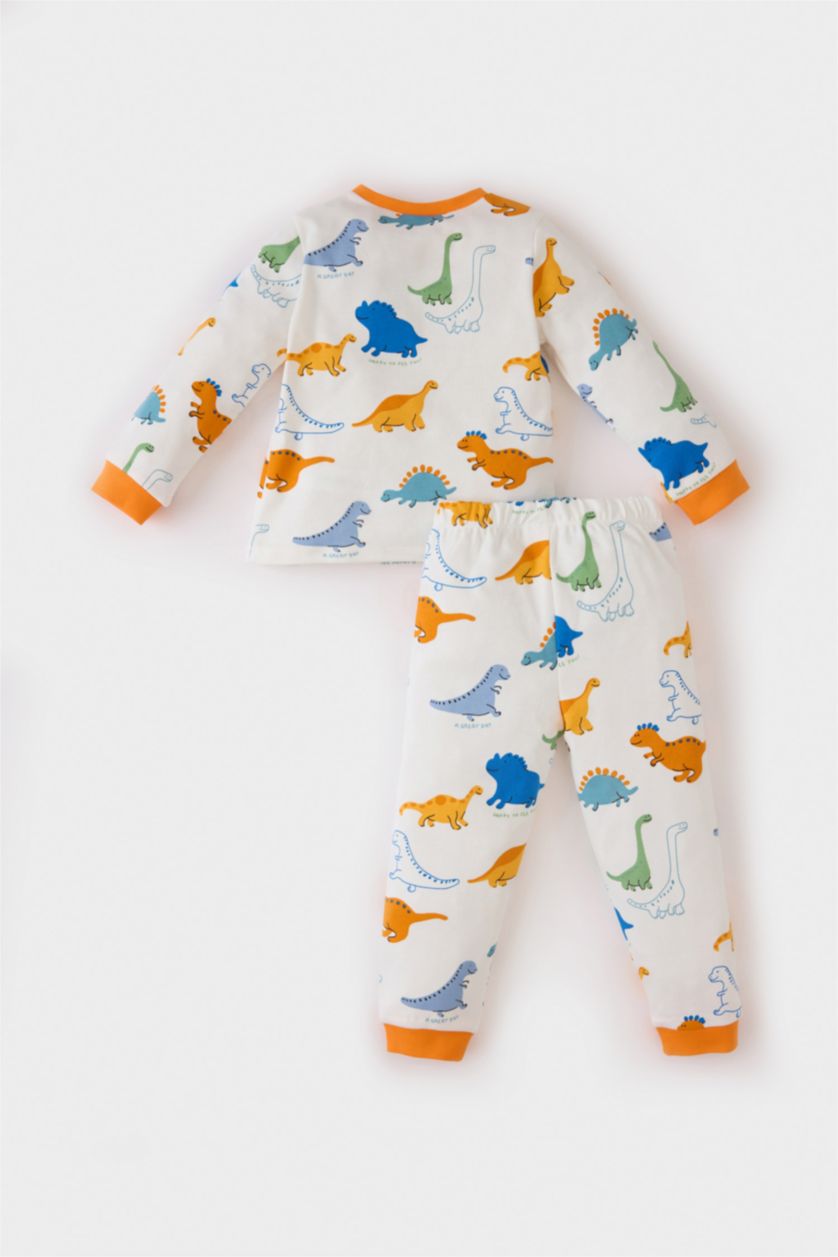 Erkek Bebek Ekru Erkek Bebek Pijama Takımı Dinozor Baskılı Uzun Kollu Üst Beli Lastikli Uzun Alt