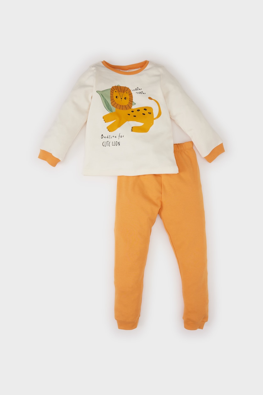 Erkek Bebek Turuncu Erkek Bebek Pijama Takımı Aslan Baskılı Uzun Kollu Üst Beli Lastikli Uzun Alt