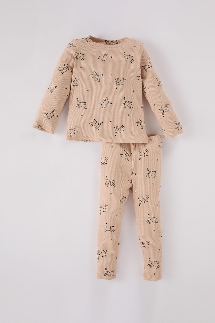 BABY GIRL Beige Baby Girl Patterned Ribbed Top Bottom 2 Piece Pajama Set