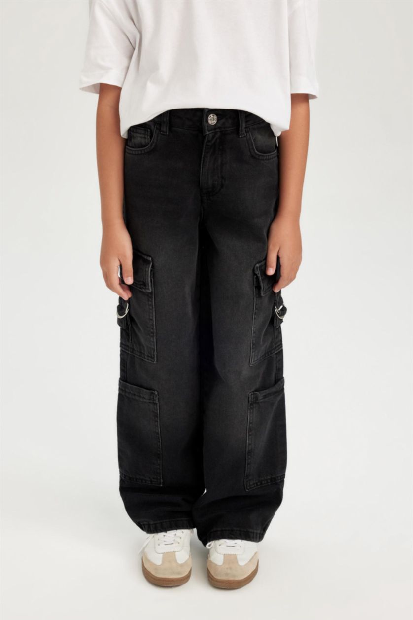 Kız Çocuk - Genç Kız Antrasit Wide Leg Kargo Cepli Geniş Bol Paça Antrasit Jean Pantolon Kız Çocuk